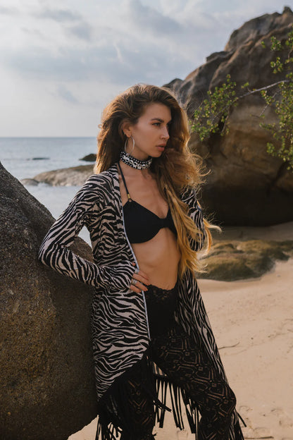 Suede Black and White Print Cardigan Decorated with Fringe