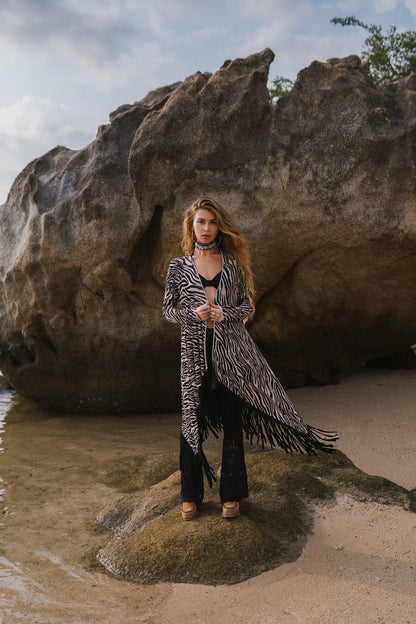 Suede Black and White Print Cardigan Decorated with Fringe