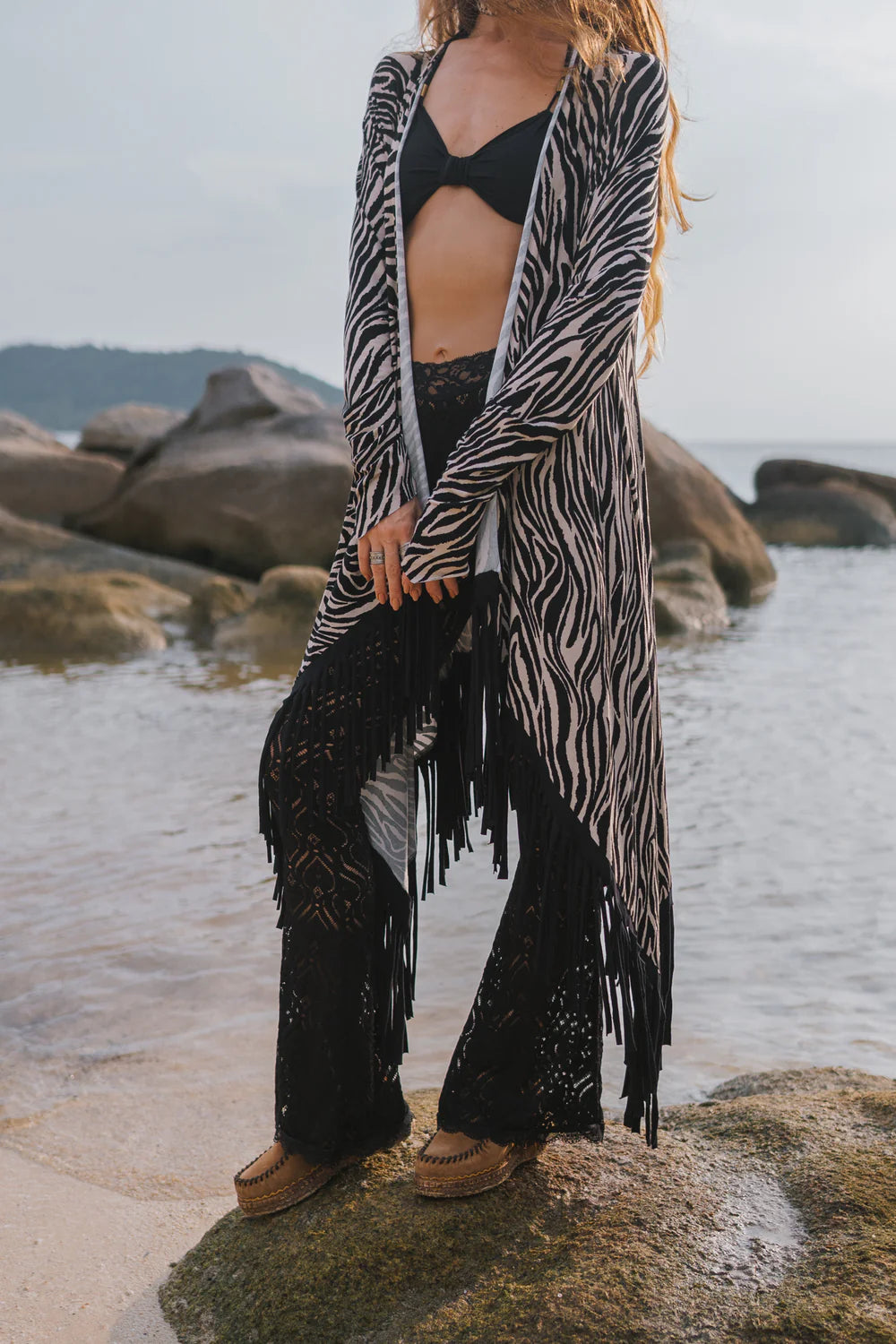 Suede Black and White Print Cardigan Decorated with Fringe