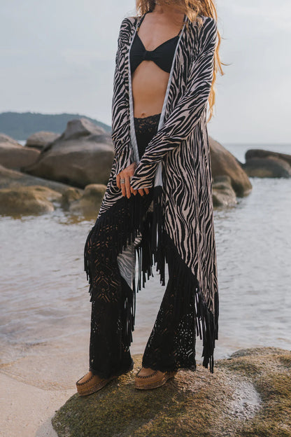 Suede Black and White Print Cardigan Decorated with Fringe