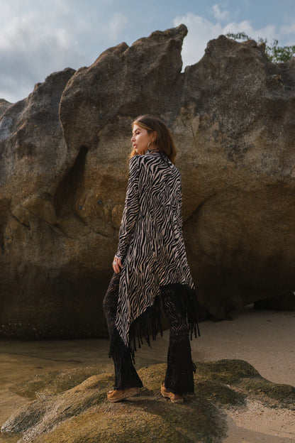 Suede Black and White Print Cardigan Decorated with Fringe