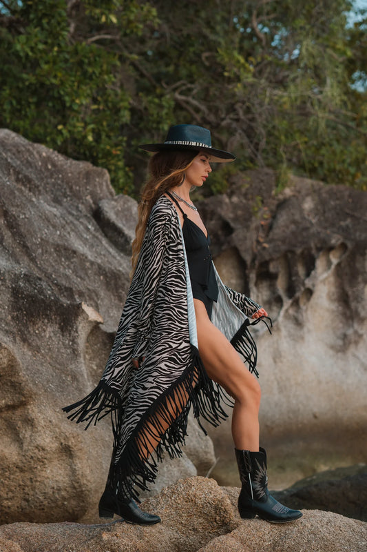 Suede Black and White Print Cardigan Decorated with Fringe