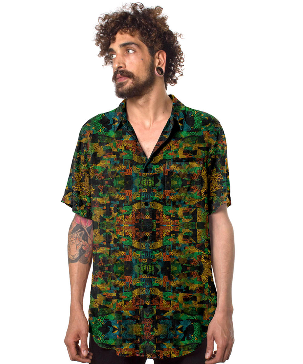 FUNTASM JUNGLE Short Sleeve Botton Shirt In Yellow
