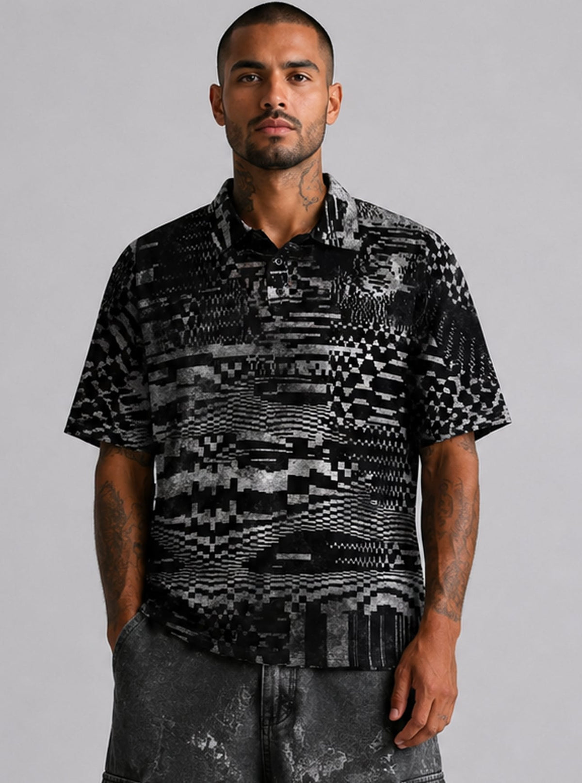 GLITCH GRID Unisex Polo Button Up Shirt