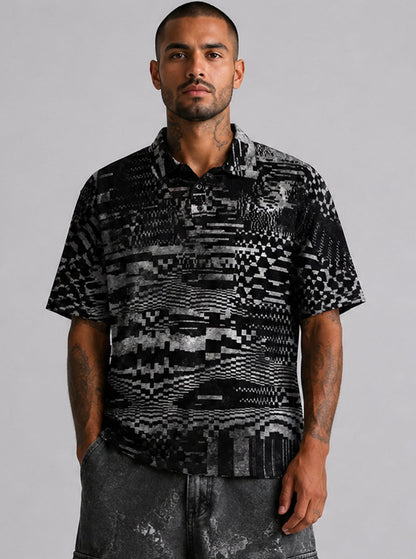 GLITCH GRID Unisex Polo Button Up Shirt