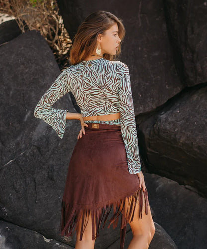 Suede Brown Wrap Swimwear Skirt Decorated with Fringe / Cover up
