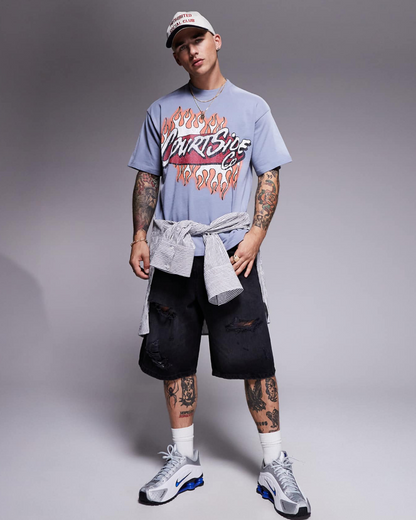 Courtside Contrast Logo Oversized 250 Gsm T-Shirt In Blue