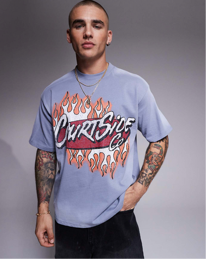 Courtside Contrast Logo Oversized 250 Gsm T-Shirt In Blue