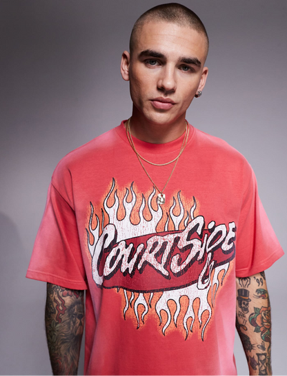 Courtside Contrast Logo Oversized 250 Gsm T-Shirt In Red