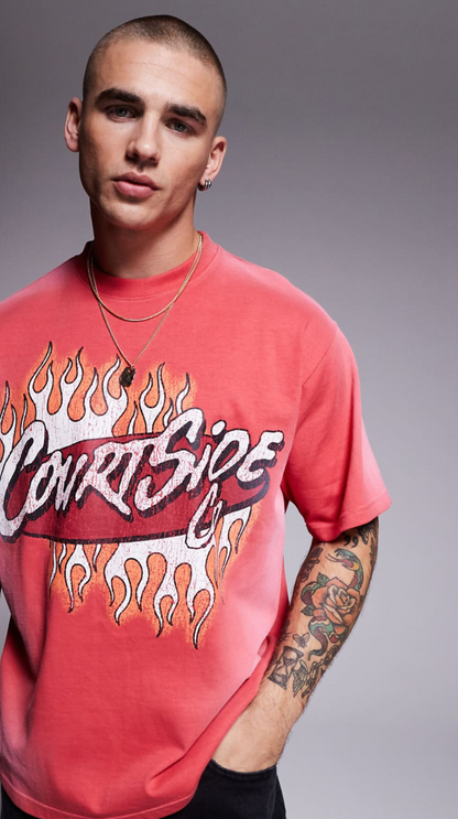 Courtside Contrast Logo Oversized 250 Gsm T-Shirt In Red
