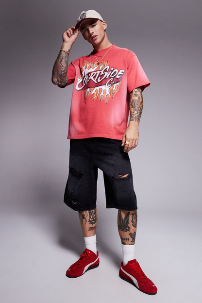 Courtside Contrast Logo Oversized 250 Gsm T-Shirt In Red