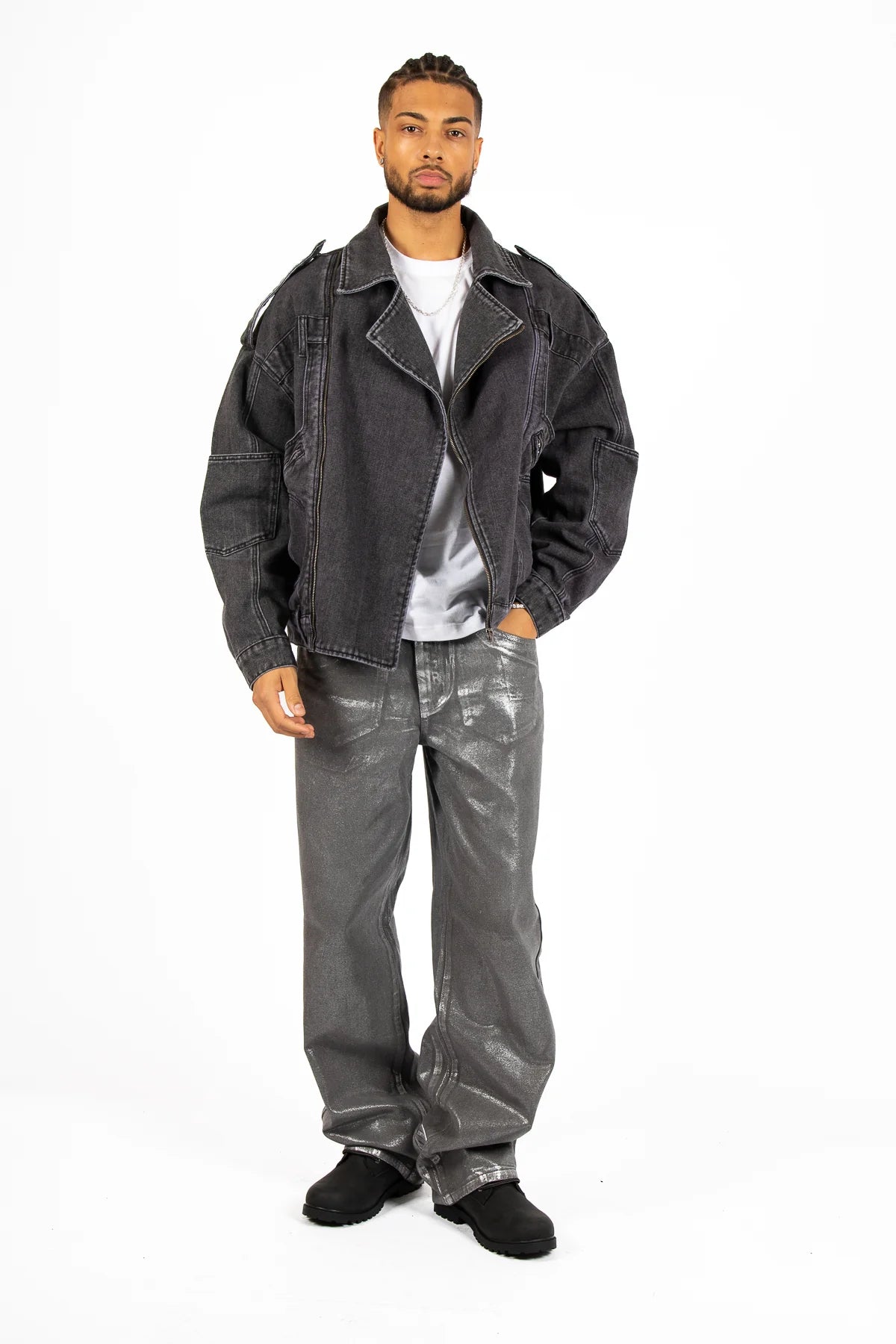 Washed Black Biker Jacket Oversized