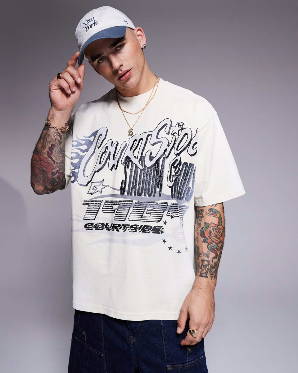 Motif Detail Oversized 250 Gsm T-Shirt In Cream