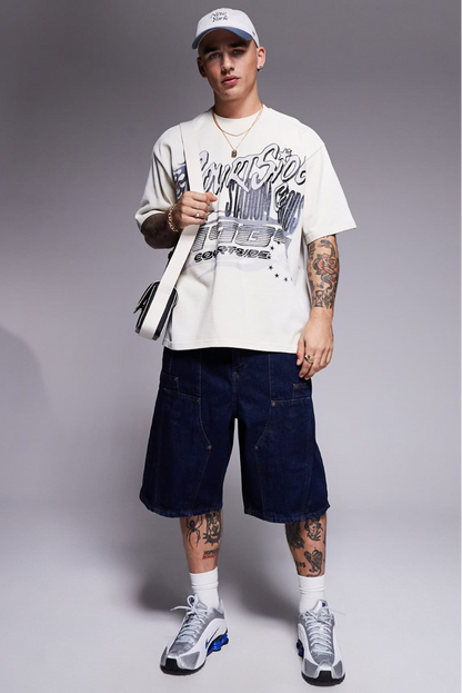 Motif Detail Oversized 250 Gsm T-Shirt In Cream