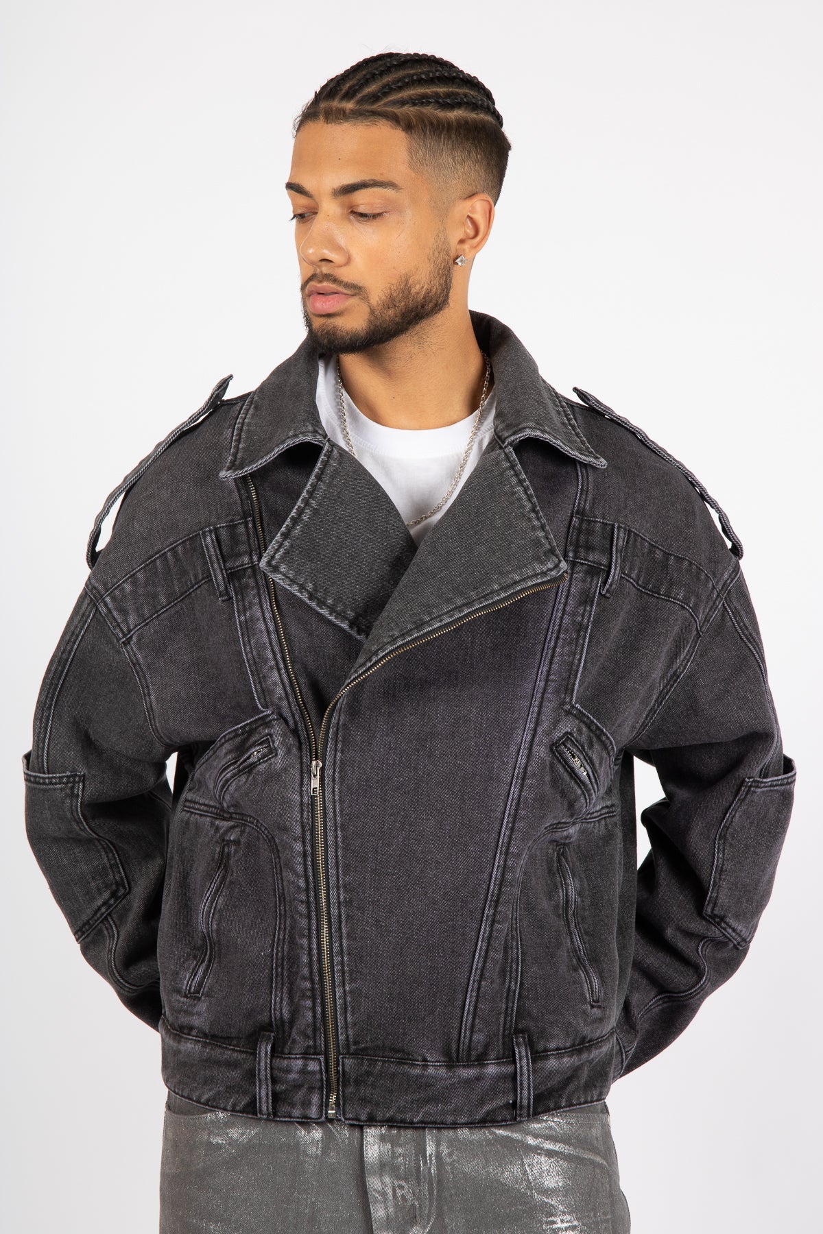 Washed Black Biker Jacket Oversized