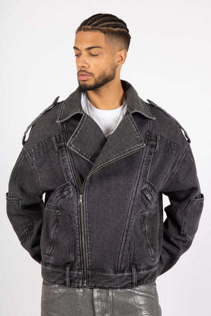 Washed Black Biker Jacket Oversized