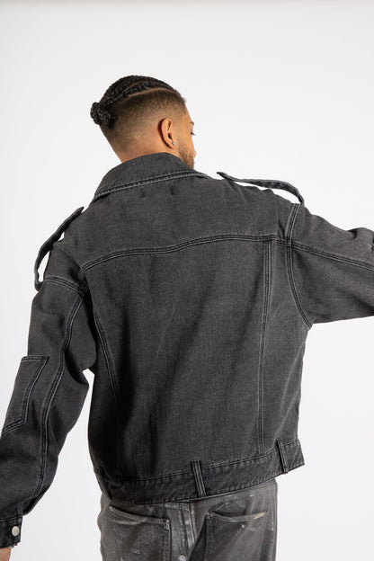 Washed Black Biker Jacket Oversized