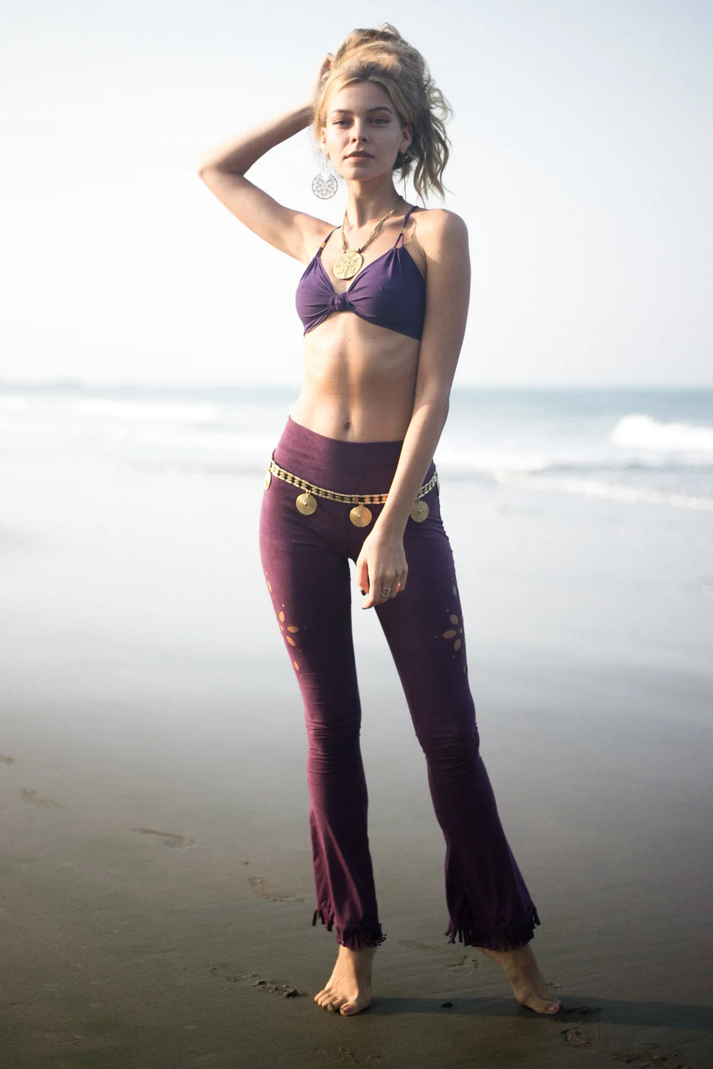 FLORAL CUTS - Flare Fringe Pants In Suede Purple - FINAL SALE !