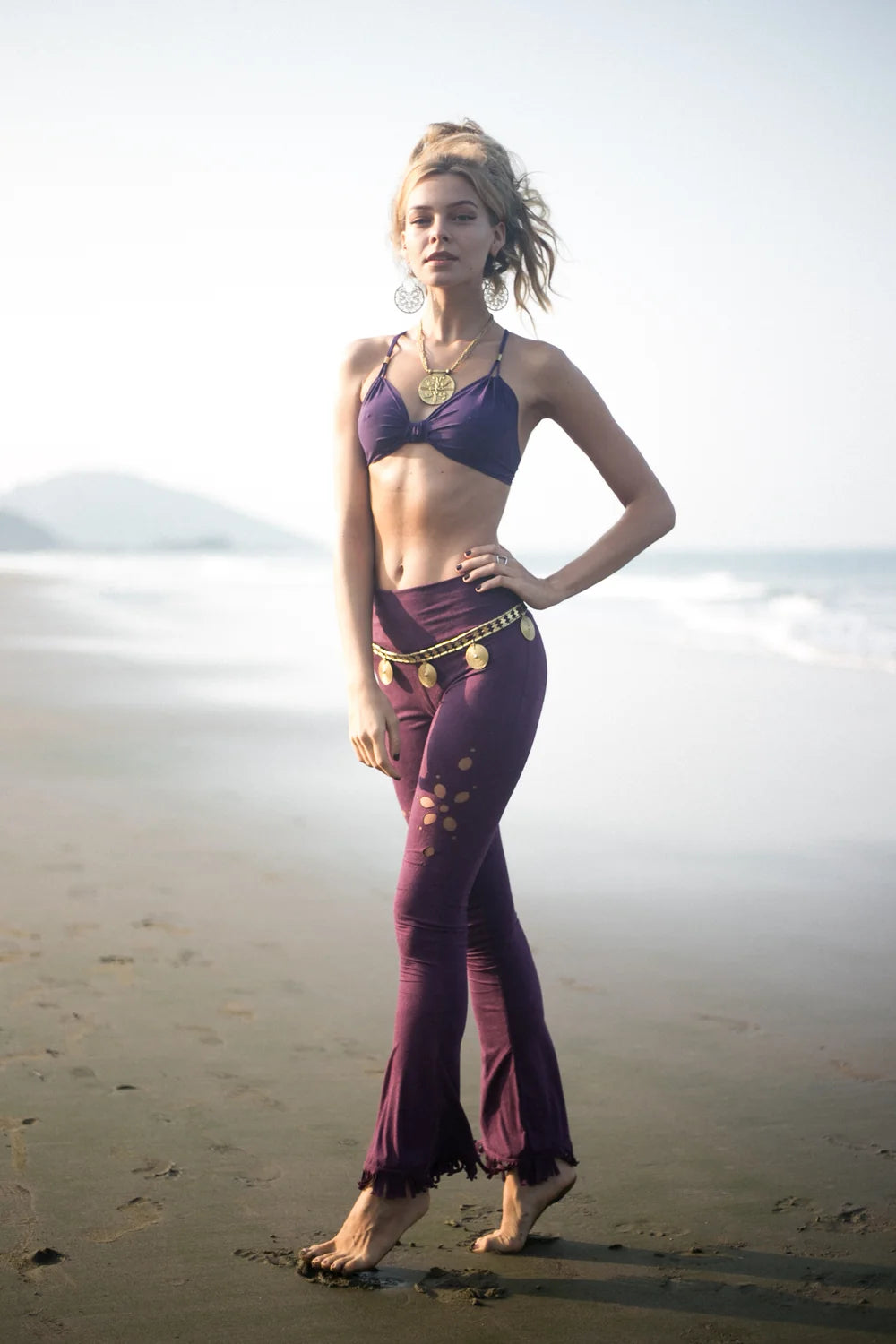 FLORAL CUTS - Flare Fringe Pants In Suede Purple - FINAL SALE !