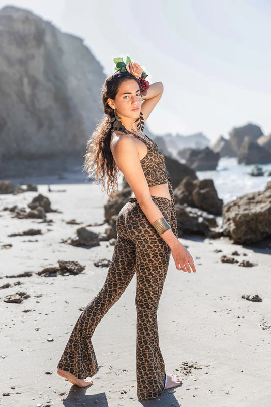 Flare Yoga Pants In Brown Leopard Print