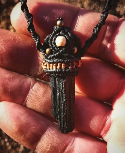 Raw Black Tourmaline Macramé Necklace
