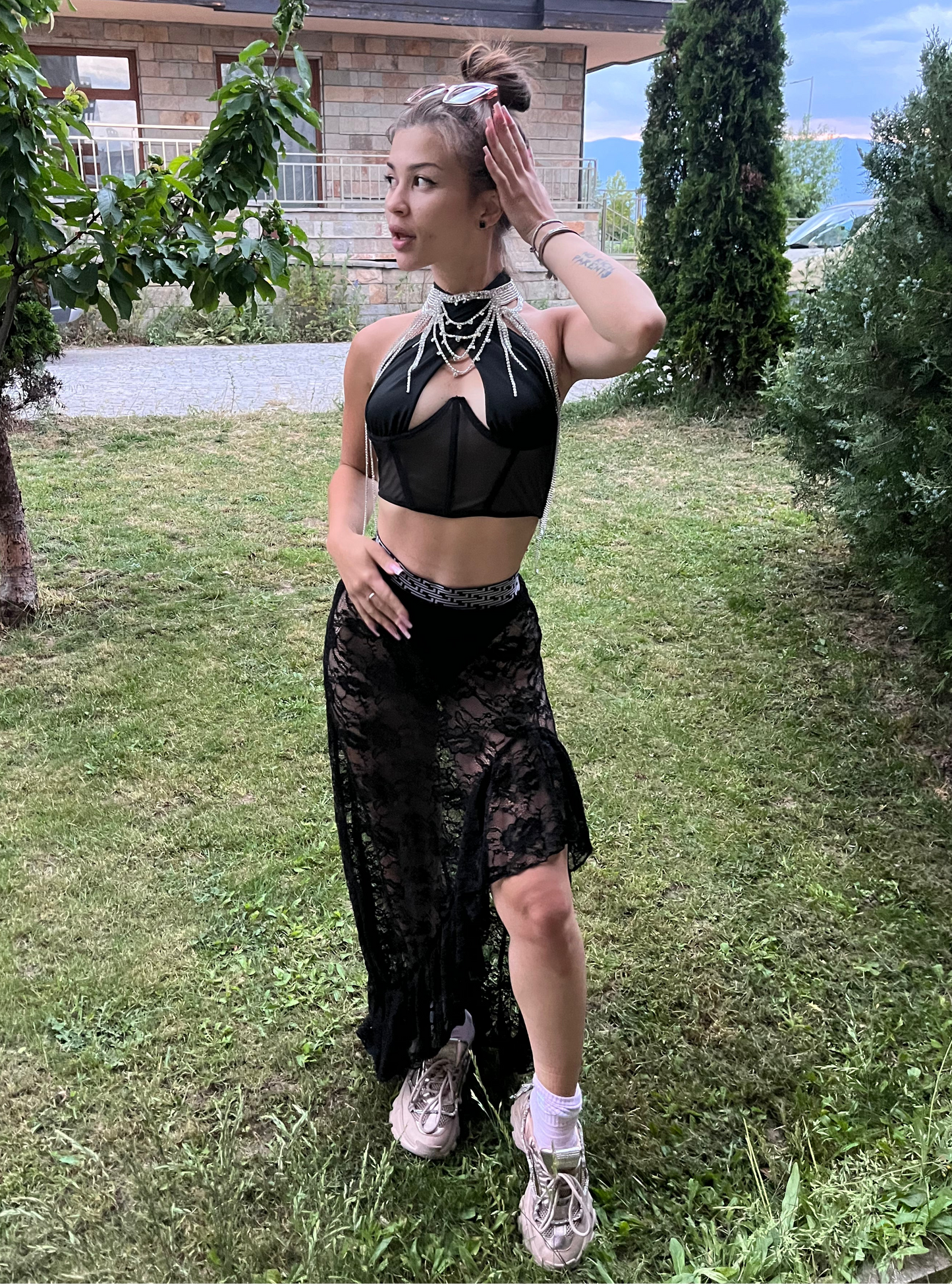 EDIKTED Asymmetric Ruffle Sheer Lace Maxi Skirt