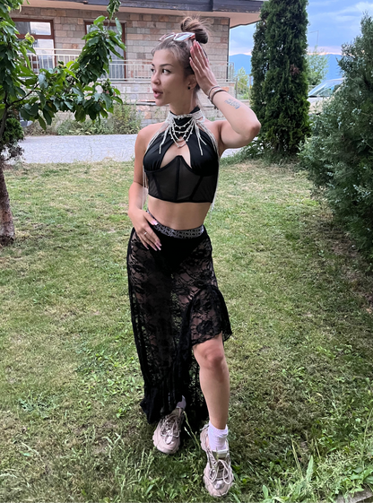 EDIKTED Asymmetric Ruffle Sheer Lace Maxi Skirt