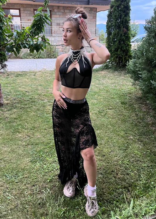 EDIKTED Asymmetric Ruffle Sheer Lace Maxi Skirt