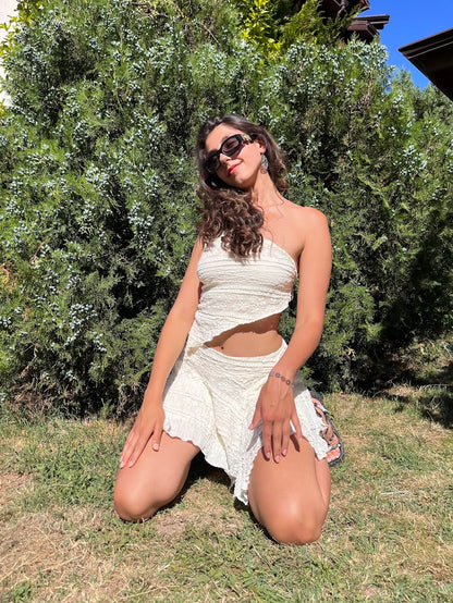 Cotton:On Textured White Coconut Mini Skirt With Pointed Hem