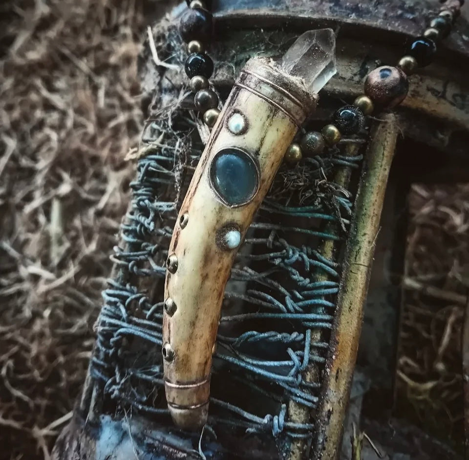Mystic Deer Horn Necklace with Labradorite & Crystal
