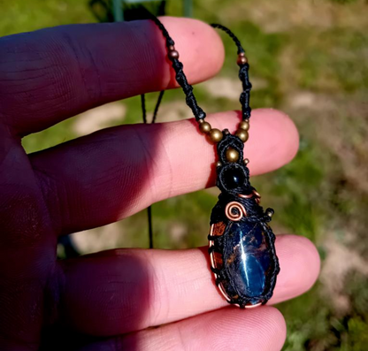 Pietersite Macramé Necklace with Deer Hair and Copper Wire