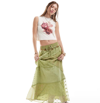 Rose Print Tank With Lace Trim In Cream