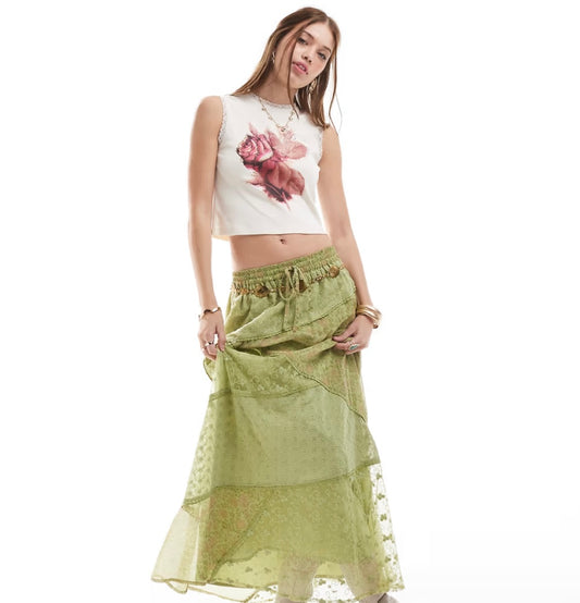 Rose Print Tank With Lace Trim In Cream