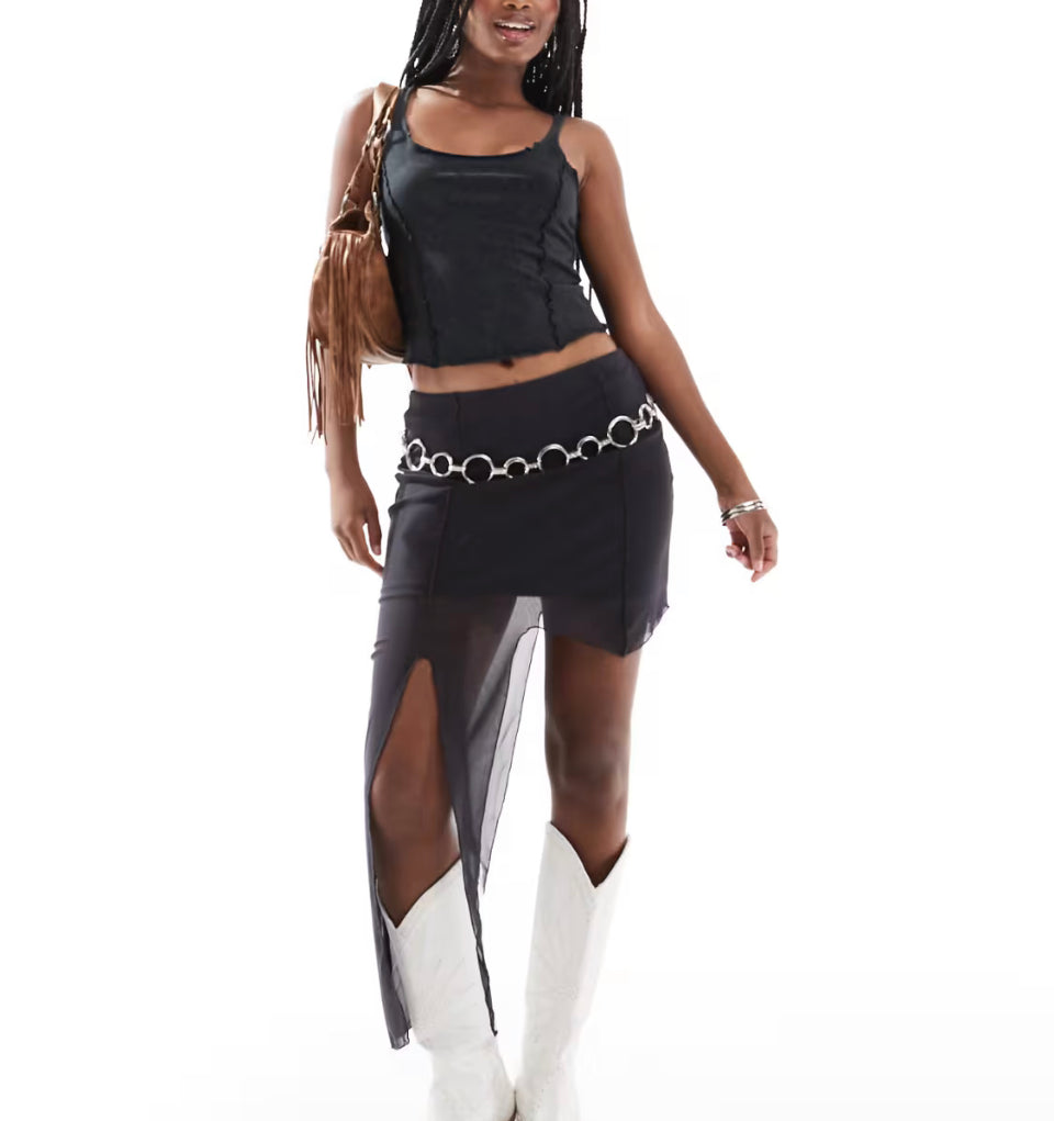 Noisy May Waterfall Mesh Mini Skirt In Washed Charcoal