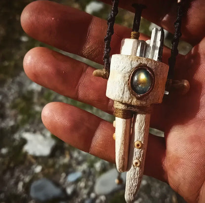 Tribal Amulet Necklace – Labradorite, Aquamarine & Bone