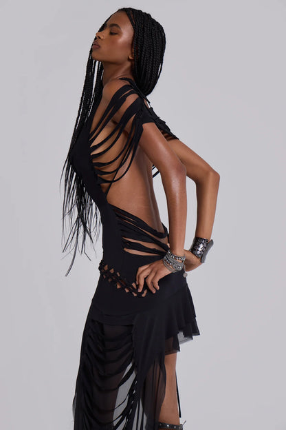 Vortex Slash Asymmetric Midi Dress – Black