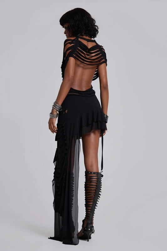 Vortex Slash Asymmetric Midi Dress – Black