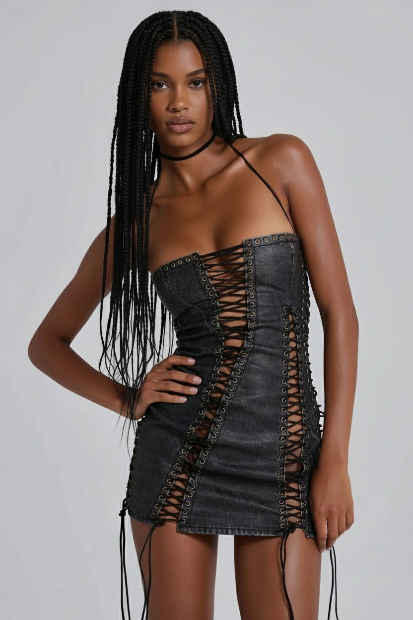 VIVI Washed Faux Leather Dress – Black