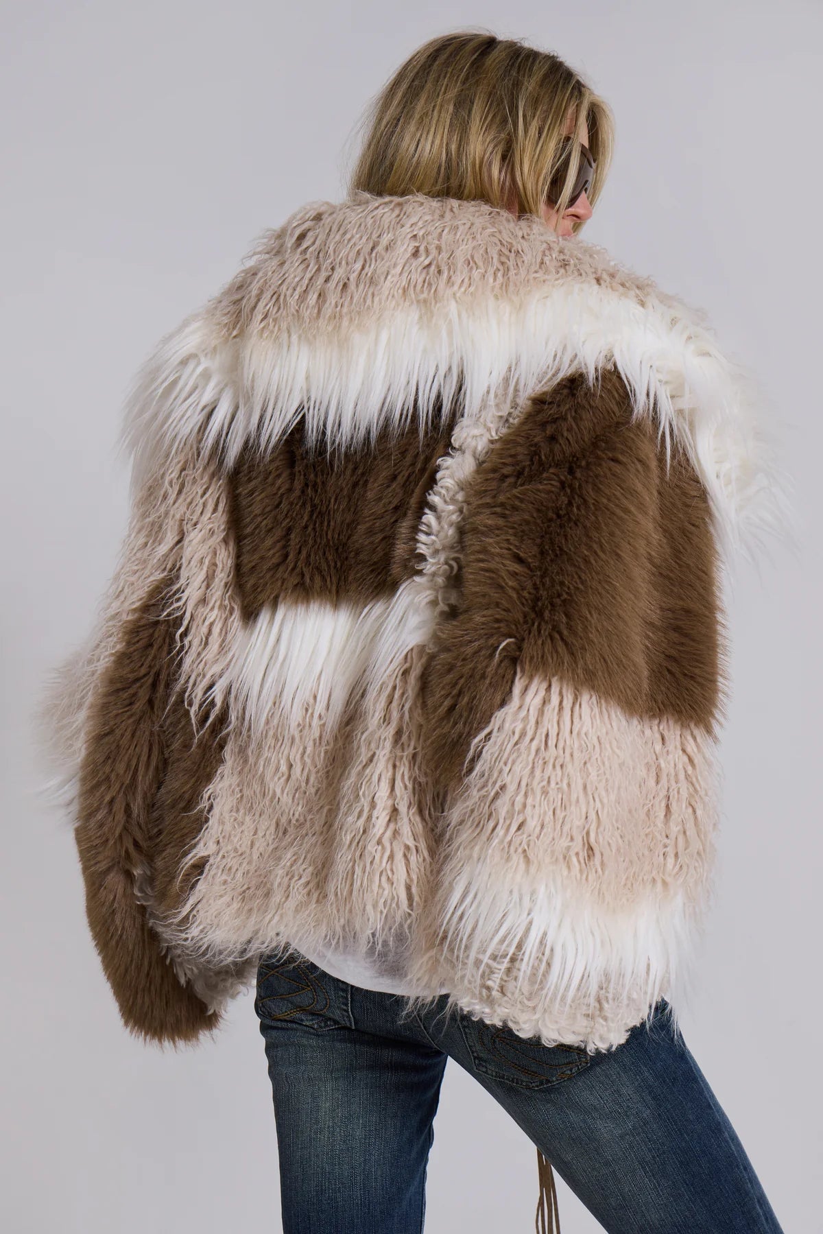 Nomad Luxe Patchwork Faux Fur Coat – Beige