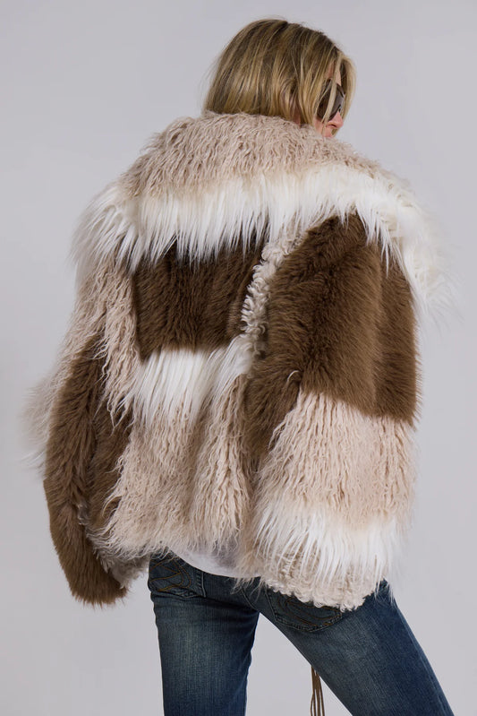 Nomad Luxe Patchwork Faux Fur Coat – Beige