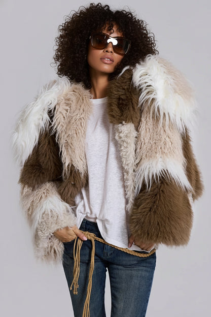 Nomad Luxe Patchwork Faux Fur Coat – Beige