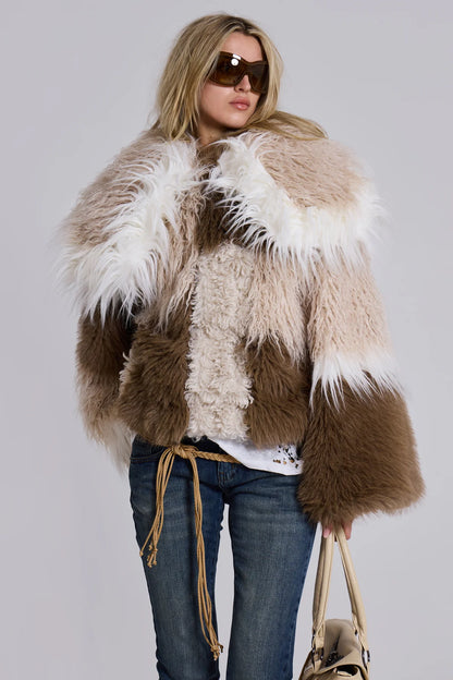 Nomad Luxe Patchwork Faux Fur Coat – Beige