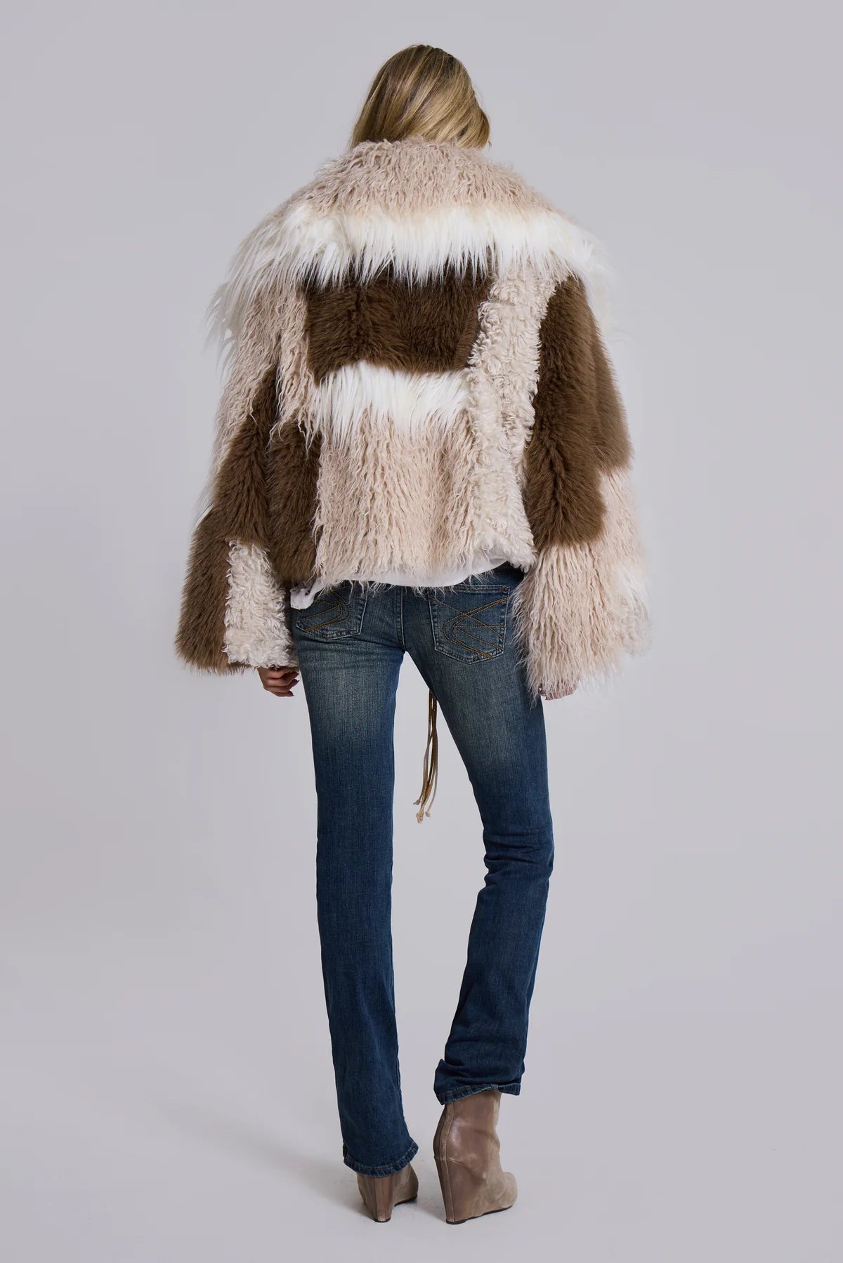 Nomad Luxe Patchwork Faux Fur Coat – Beige