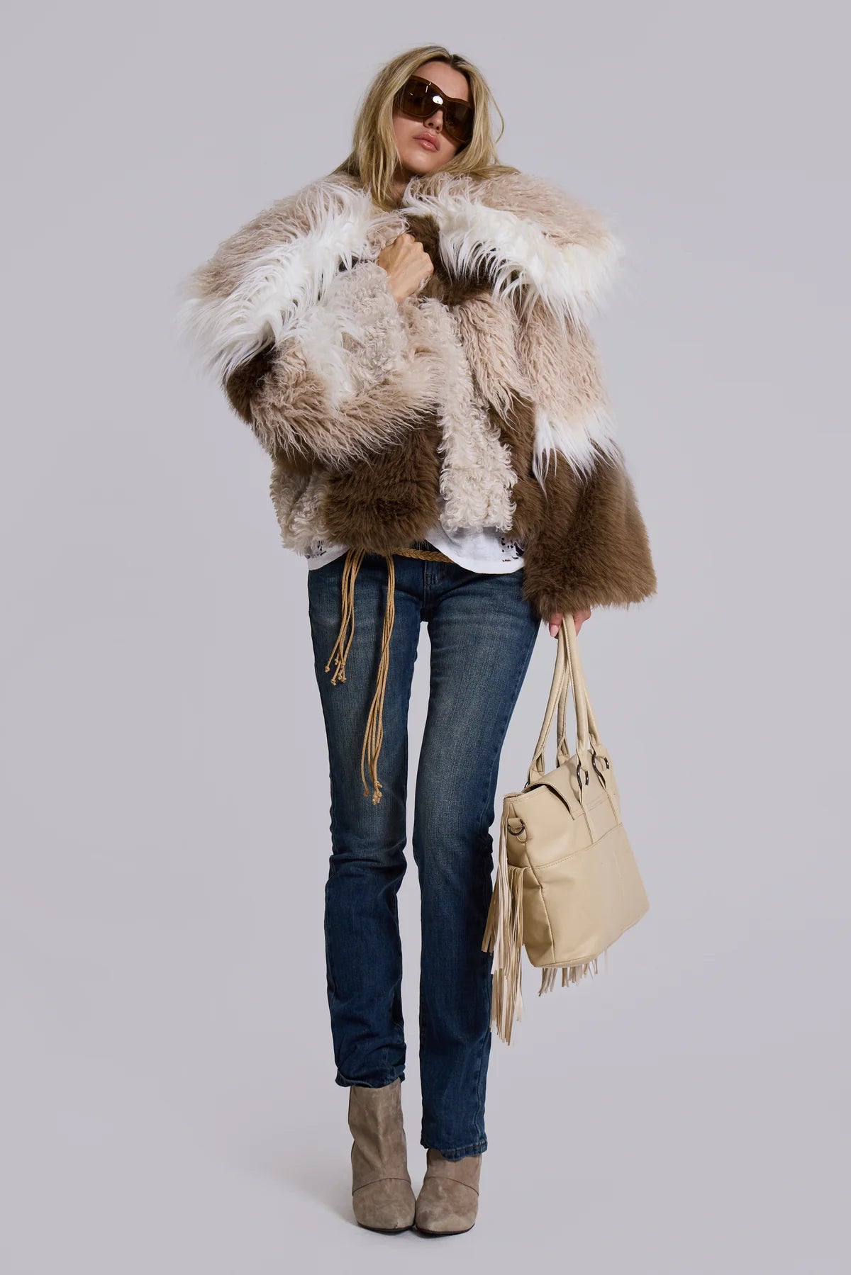 Nomad Luxe Patchwork Faux Fur Coat – Beige