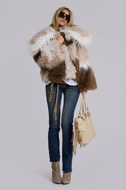 Nomad Luxe Patchwork Faux Fur Coat – Beige