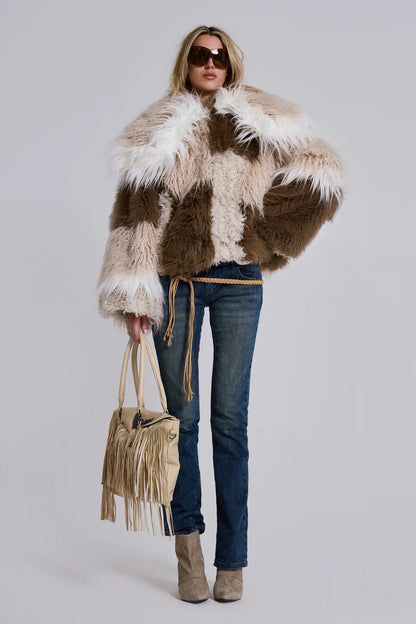 Nomad Luxe Patchwork Faux Fur Coat – Beige