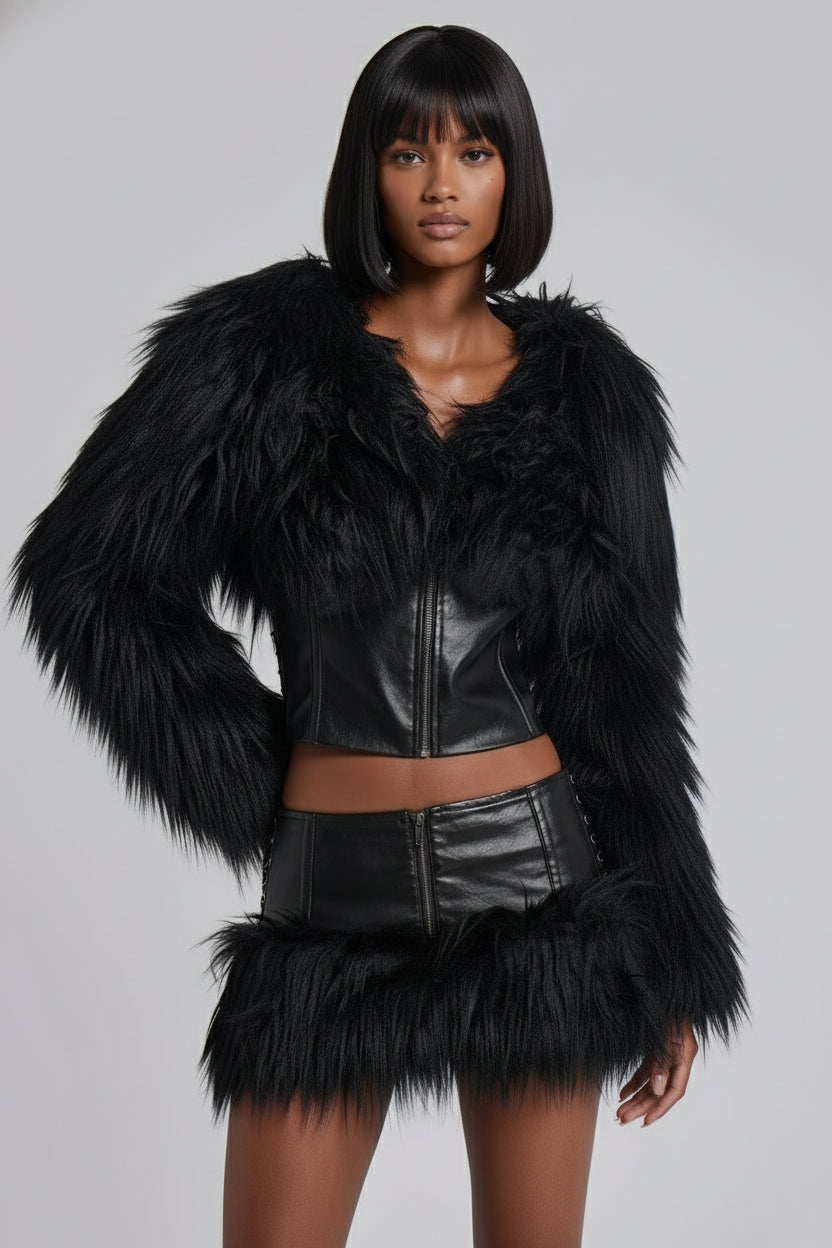 Nightfall Hybrid Fur Biker Jacket – Black