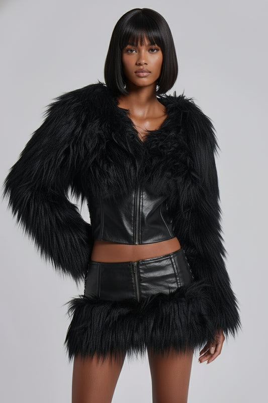 Nightfall Hybrid Fur Biker Jacket – Black