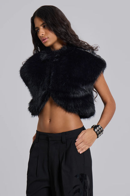 Faux Fur Shrug With XL Scarf — Black