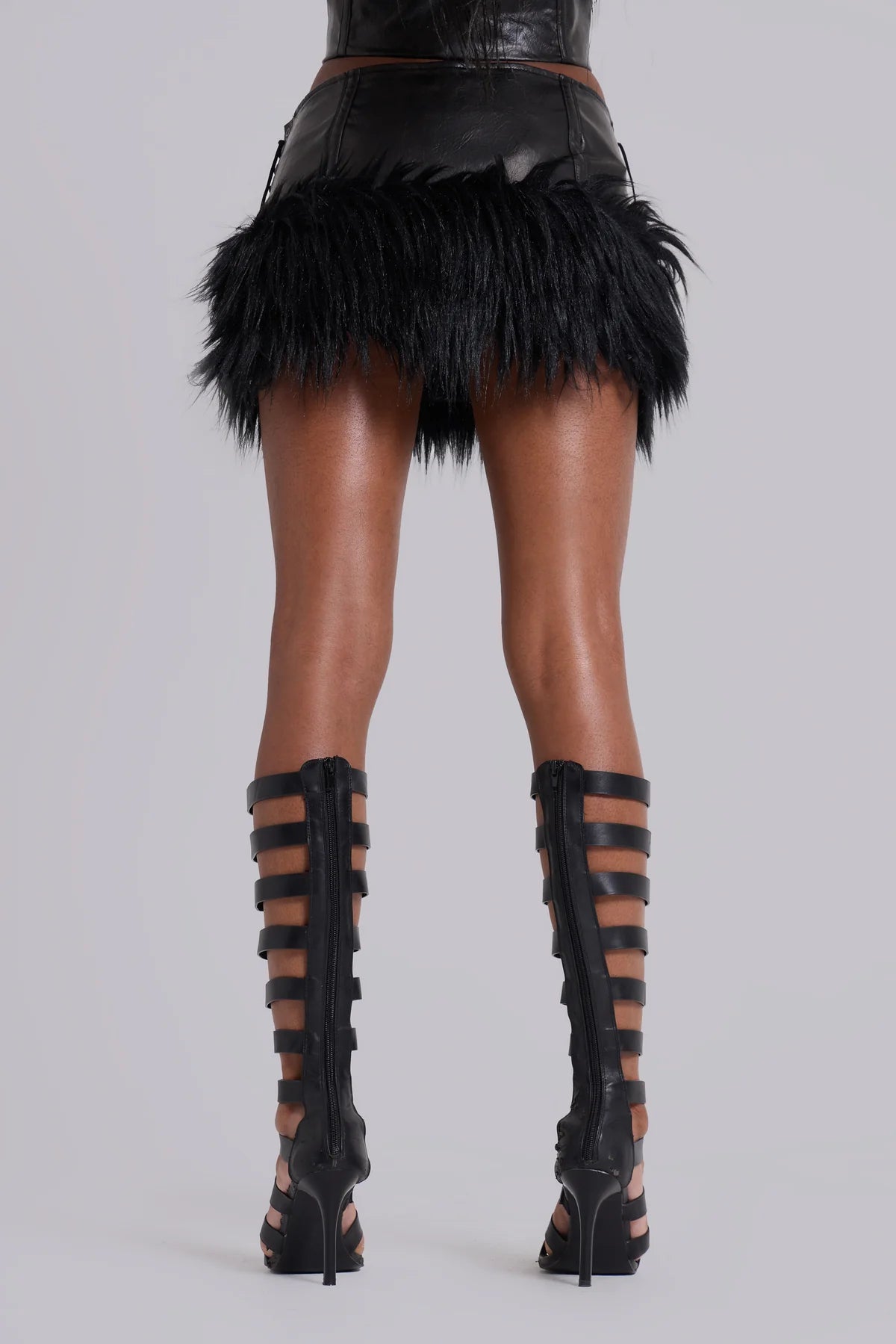 Shadow Luxe Fur-Trim Mini Skirt – Black